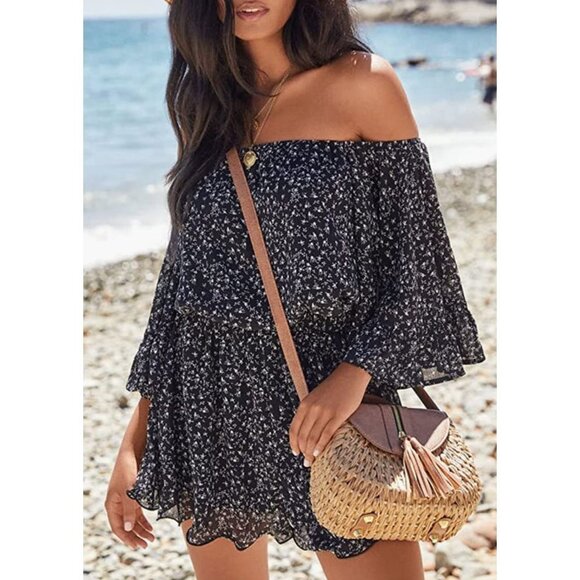 Boho‎ Floral Print Ruffle Off Shoulder Short Sleeve Jumpsuit Playsuit Romper - Picture 1 of 7